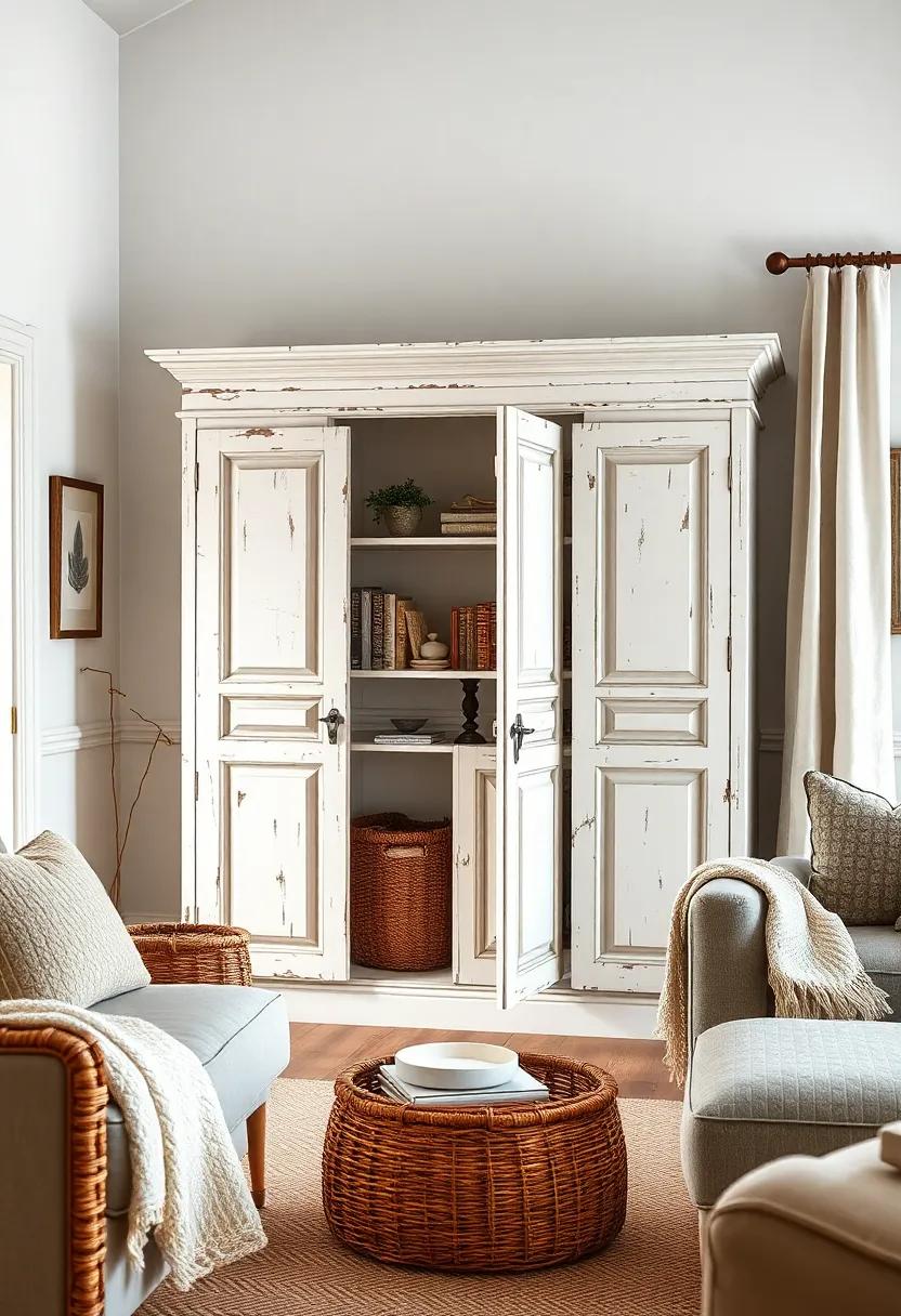 Embrace rustic elegance with a distressed white armoire that doubles as a stylish storage solution,perfect for housing cozy throws and books