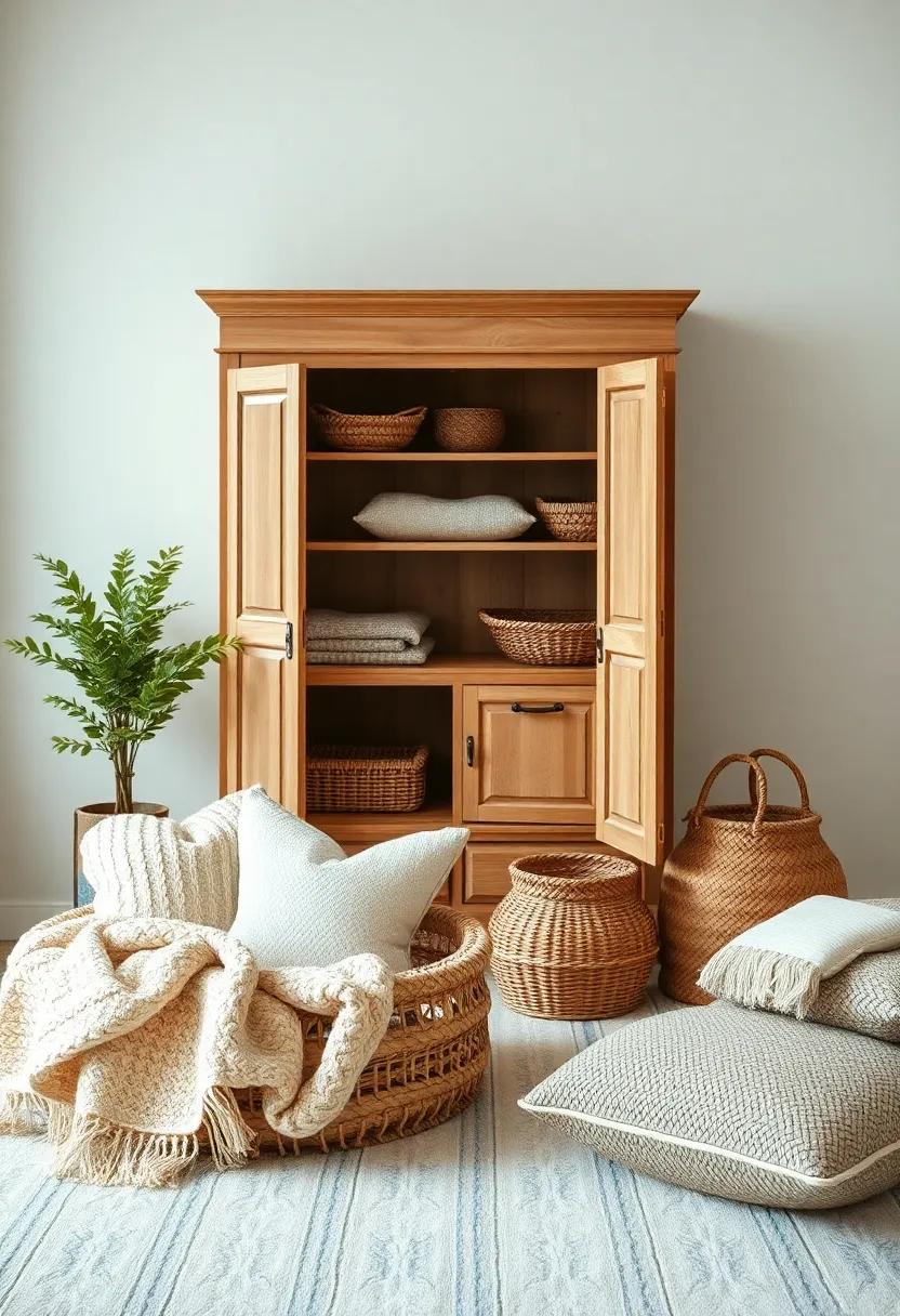 Experiment with textures by pairing a smooth armoire with knitted blankets, plush cushions, and woven baskets for an inviting, layered look