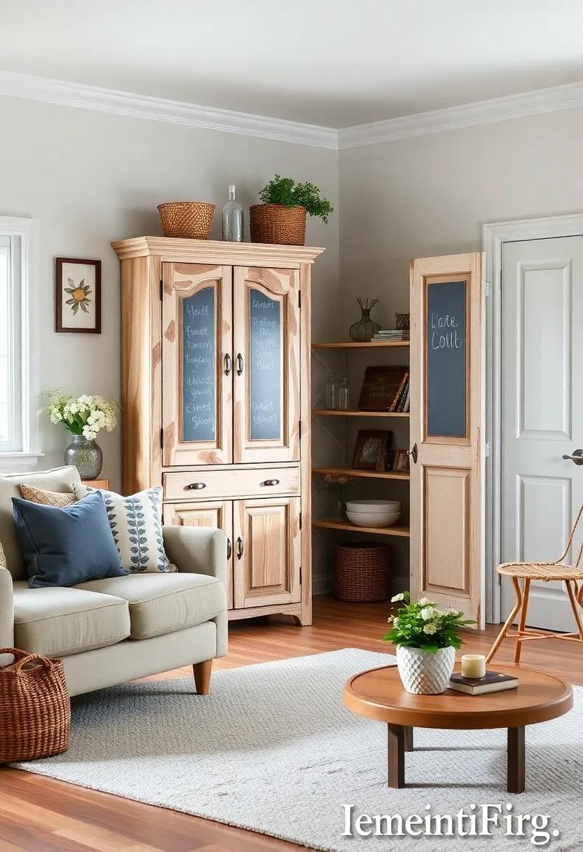 Incorporate a DIY chalkboard surface on your armoire to jot down notes or reminders, blending practicality into your charming décor