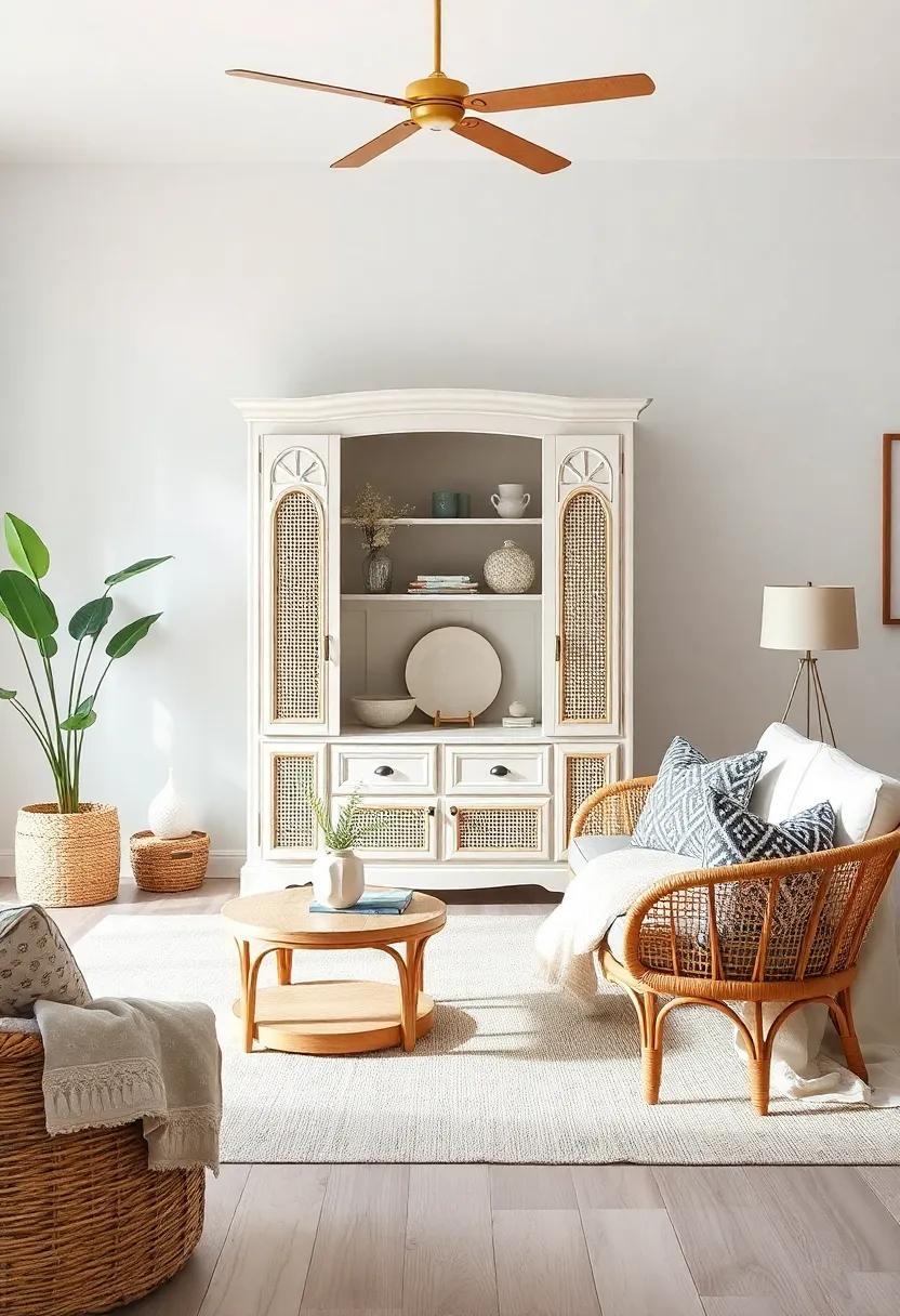 Incorporate rattan or wicker details in an armoire to bring a breezy, beachy vibe to your living room décor
