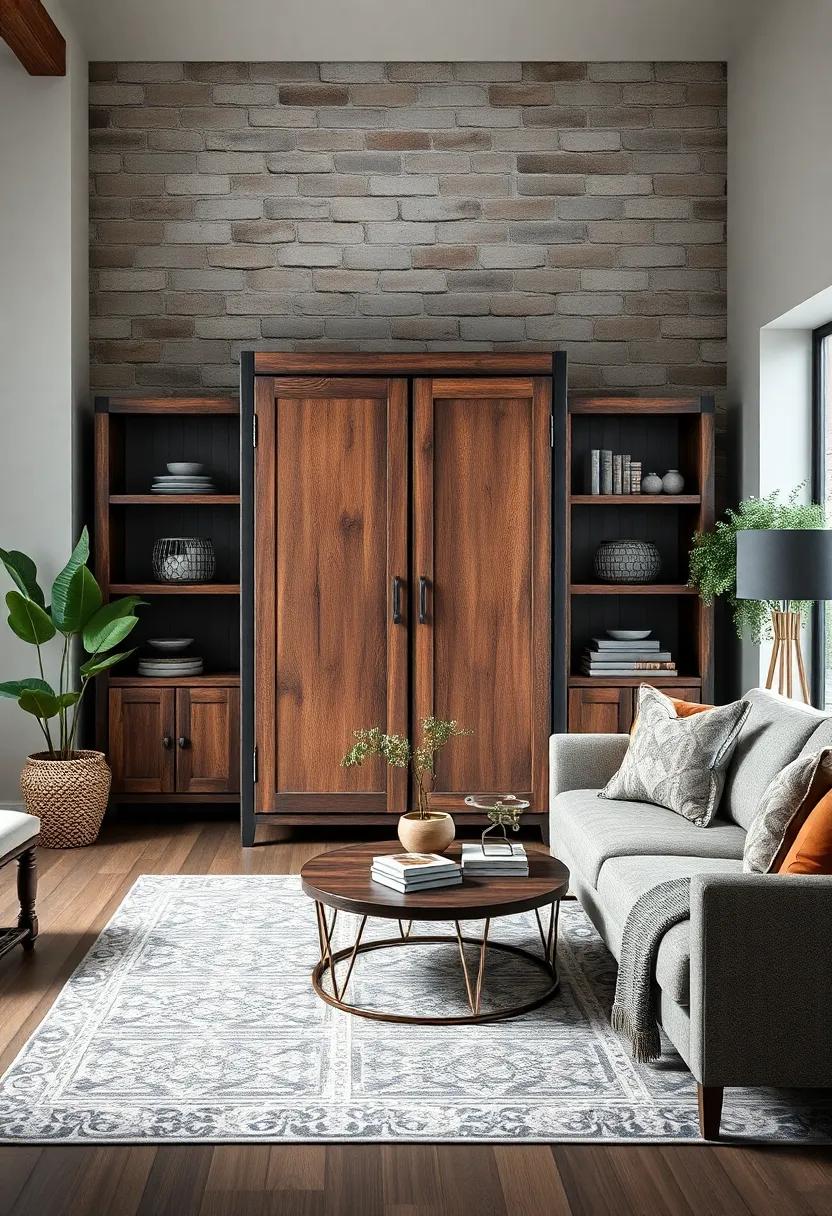 An industrial-style metal armoire can add an edgy contrast to softer textures in your living room, marrying rustic and contemporary design