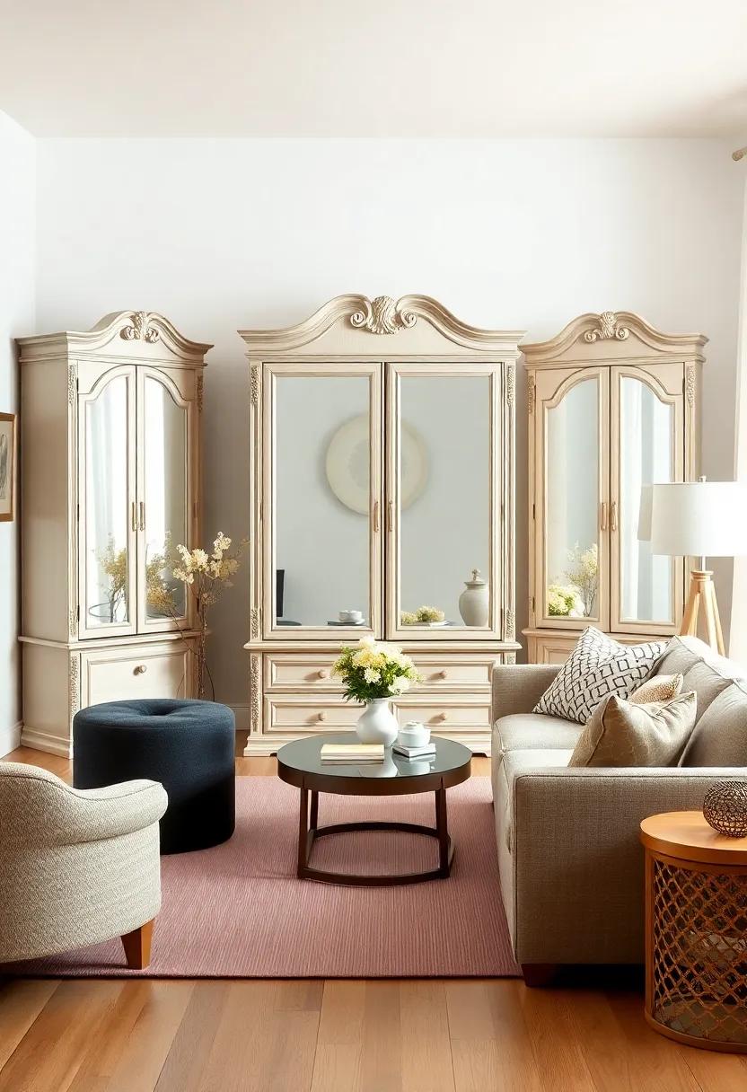 A mirrored armoire can reflect light, making your living room appear larger and brighter, while also maintaining a chic aesthetic
