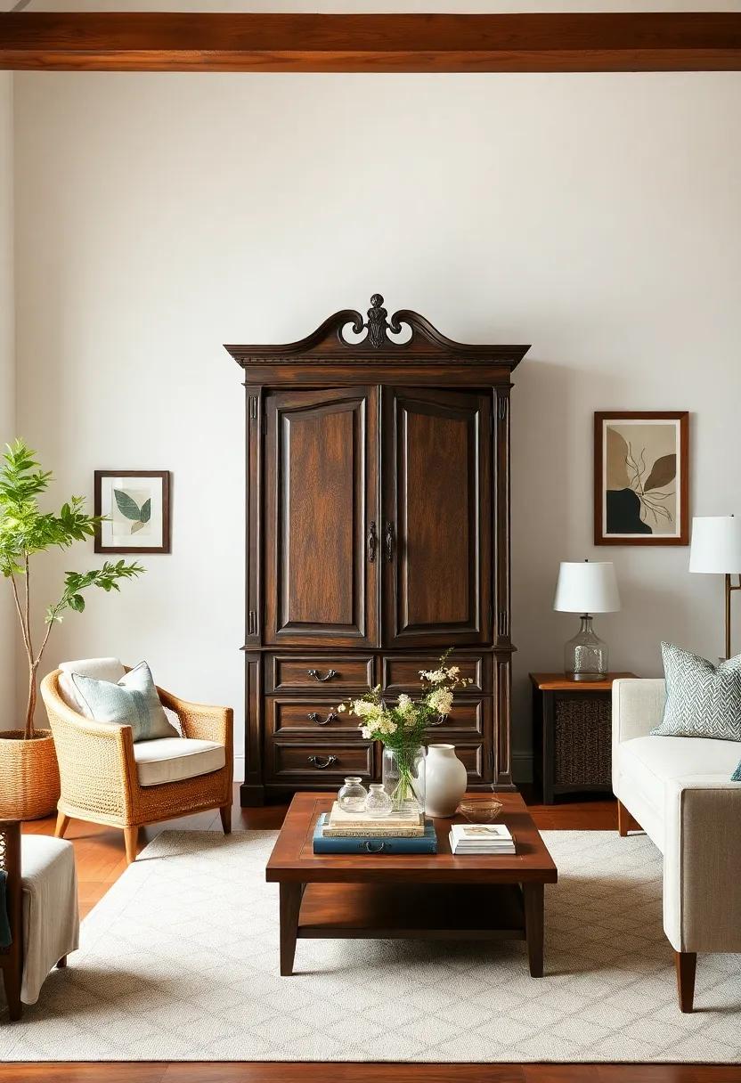 pair a bold,patterned armoire with simple furnishings for a balanced look that still makes a statement without overwhelming the space