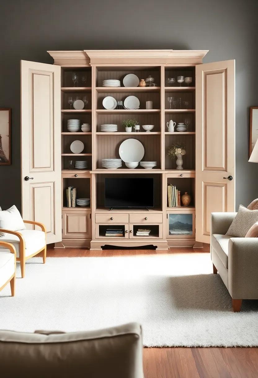 Use an armoire with open shelving to display beautiful dinnerware and glassware, turning your living room into an inviting entertaining area