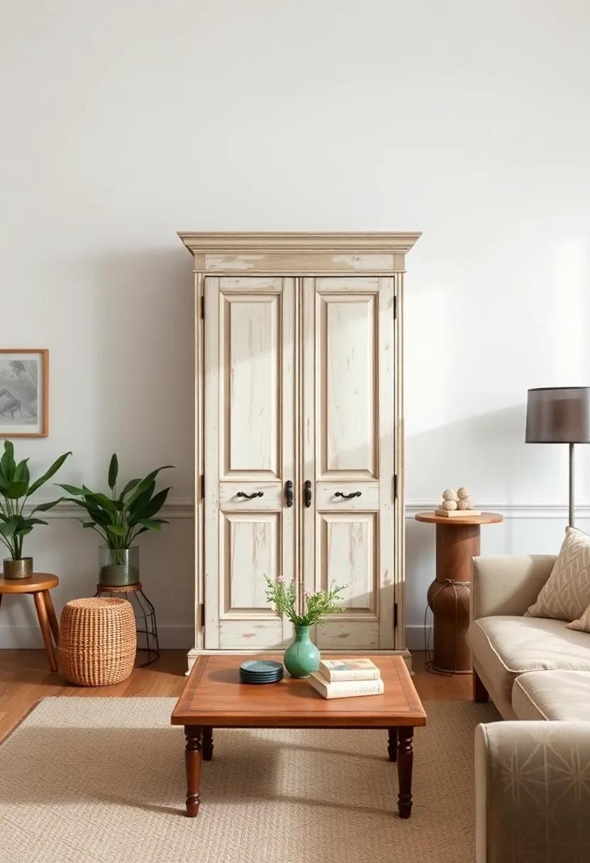 Use an antique armoire to add historical interest to your living room, becoming a centerpiece that sparks conversation among guests