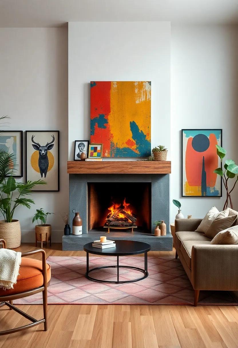An artistic studio-like living room where a bold, colorful fireplace meets an array of mixed-media art, embodying the spirit of creativity
