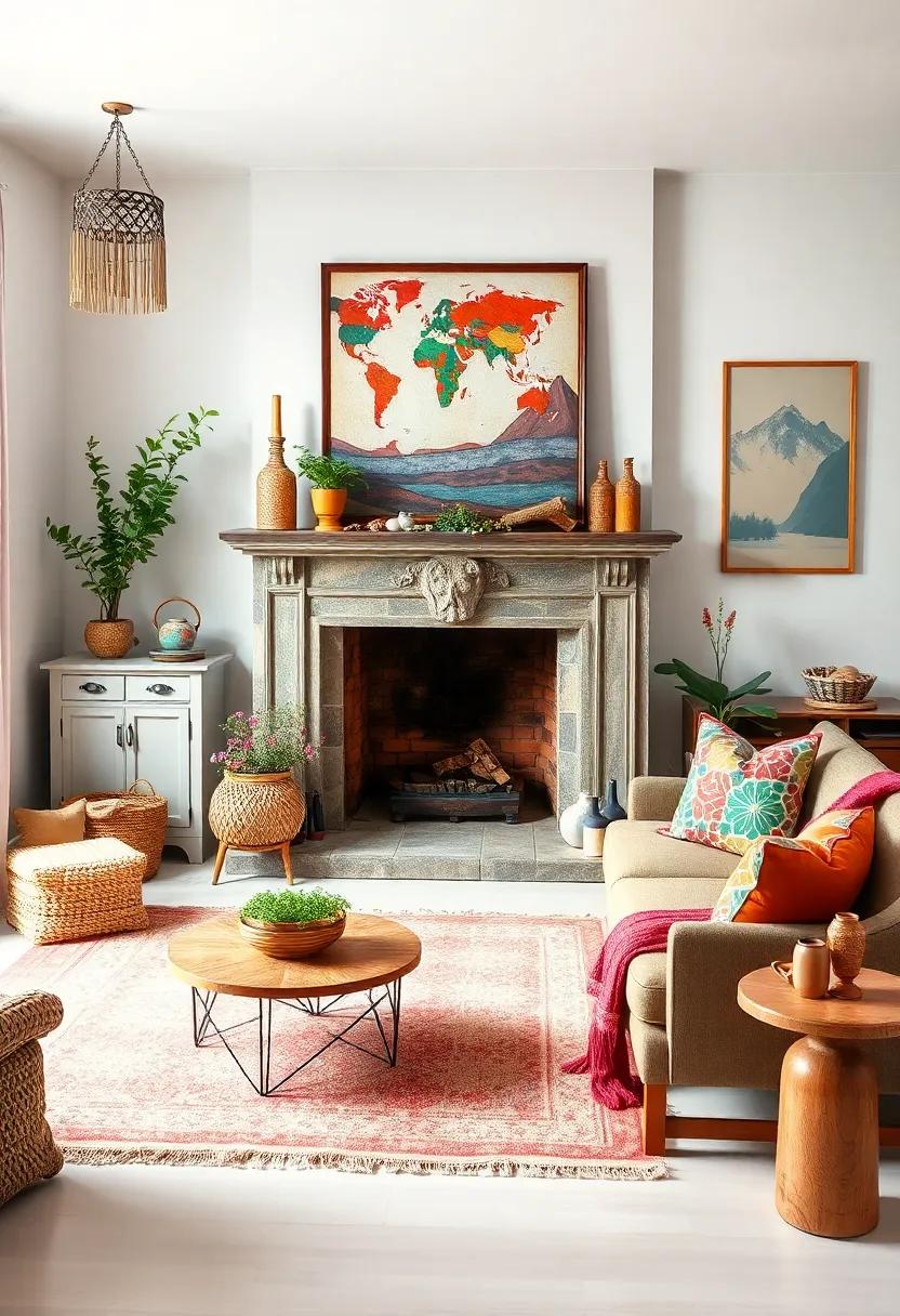 A bohemian-inspired space where a shabby-chic fireplace meets eclectic artwork, showcasing colorful textiles and unique decor that tell a story of travel and adventure