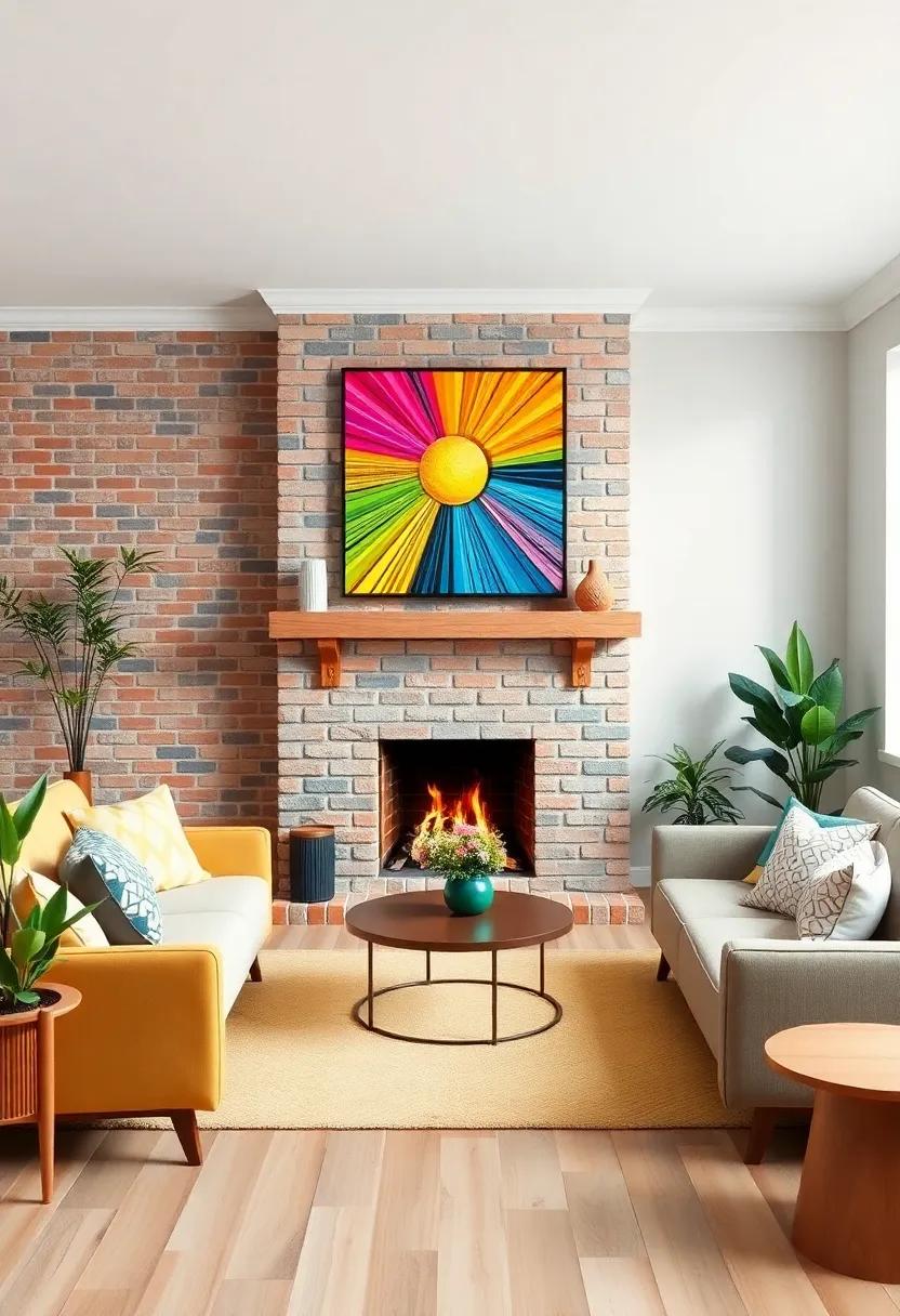 A cheerful and inviting space with a painted brick fireplace, adorned with colorful pop art that sparks joy and uplifts the ambiance