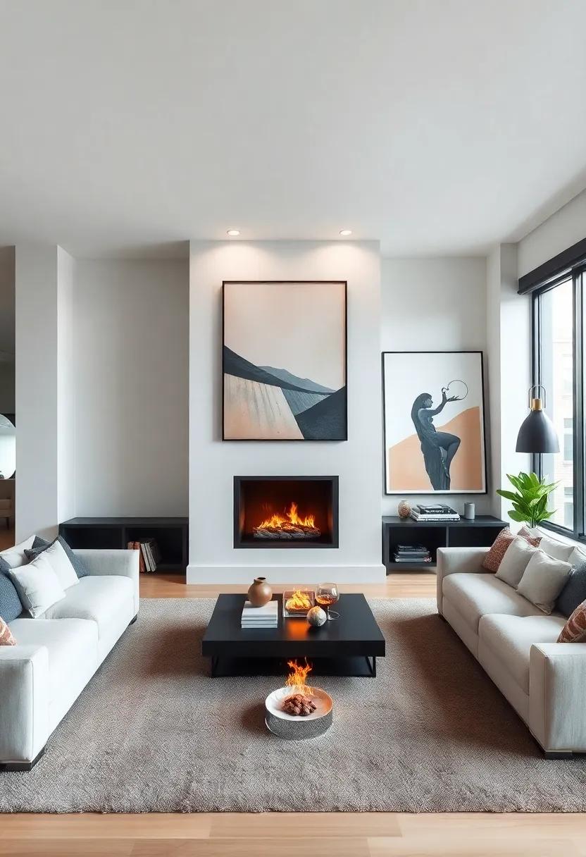A chic urban loft featuring a sleek black fireplace and oversized contemporary art pieces that inject personality and style into the airy environment