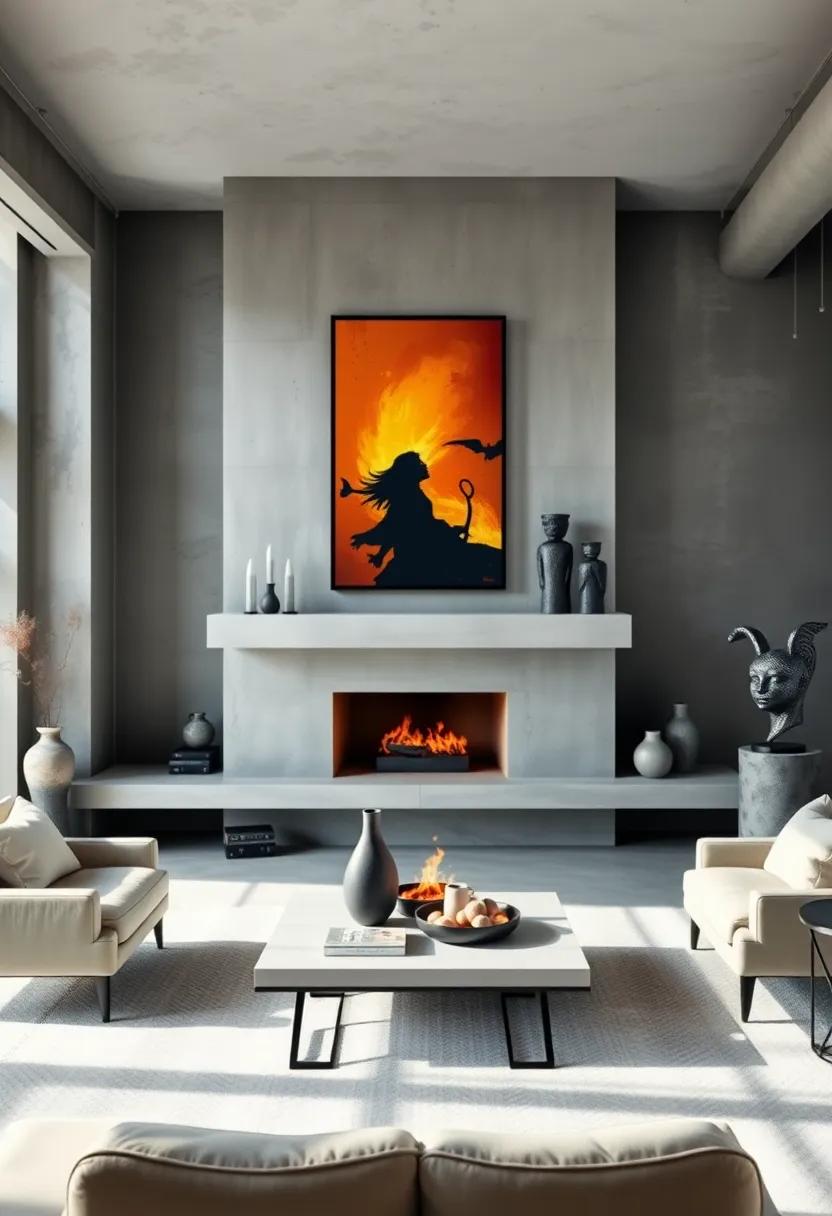 A chic industrial loft with a concrete fireplace, adorned with edgy street art and sculptures that redefine urban sophistication