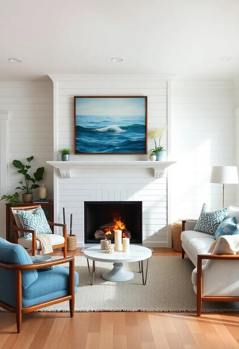A cozy coastal retreat with a bright,shiplap fireplace,layered with ocean-inspired artwork that brings the serenity of the sea indoors