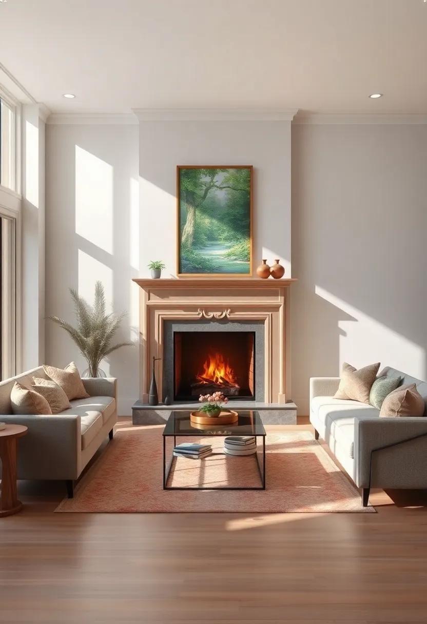 A cozy, sun-drenched living room defined by an ornate fireplace, its walls adorned with nature-inspired artwork that invites the beauty of the outdoors in