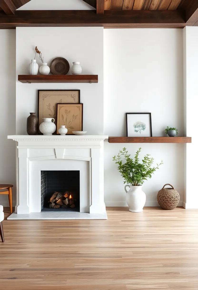 An elegant modern farmhouse featuring a whitewashed fireplace, complemented by rustic wooden shelves filled with artistic ceramics and botanical prints