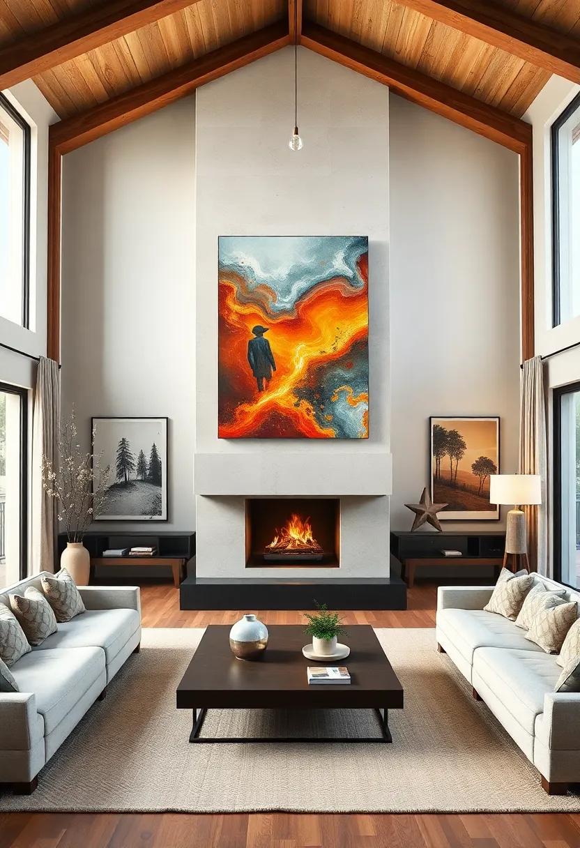 A high-ceilinged loft with a dramatic fireplace, showcasing large-scale art pieces that magnify the sense of space and creativity