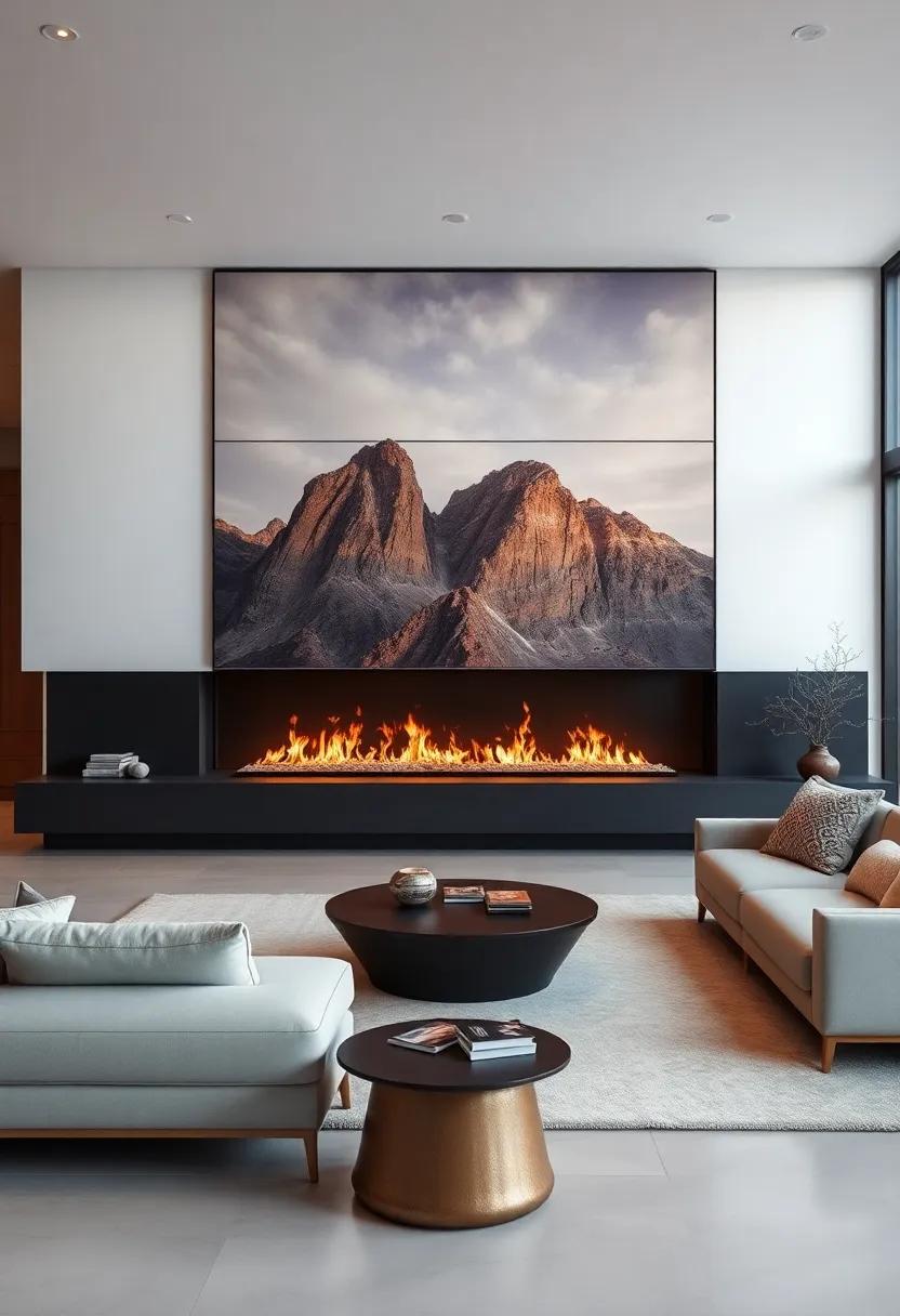A luxe contemporary setting with a linear fireplace that seamlessly transitions into a wall of captivating photography, creating a harmonious blend of art and architecture