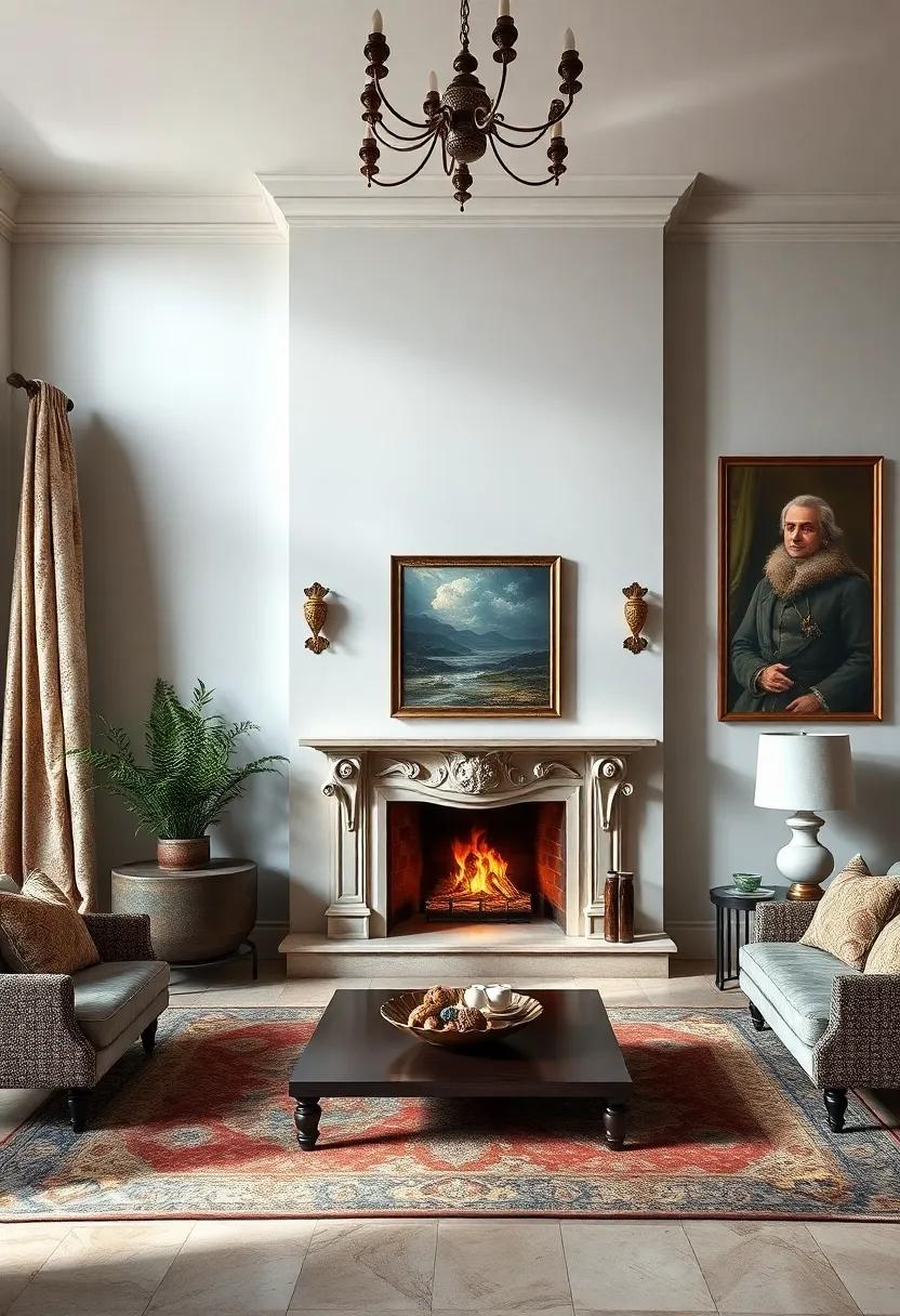 A luxurious Mediterranean villa with an ornate carved fireplace, accompanied by rich tapestries and moody artwork that transport you to another era