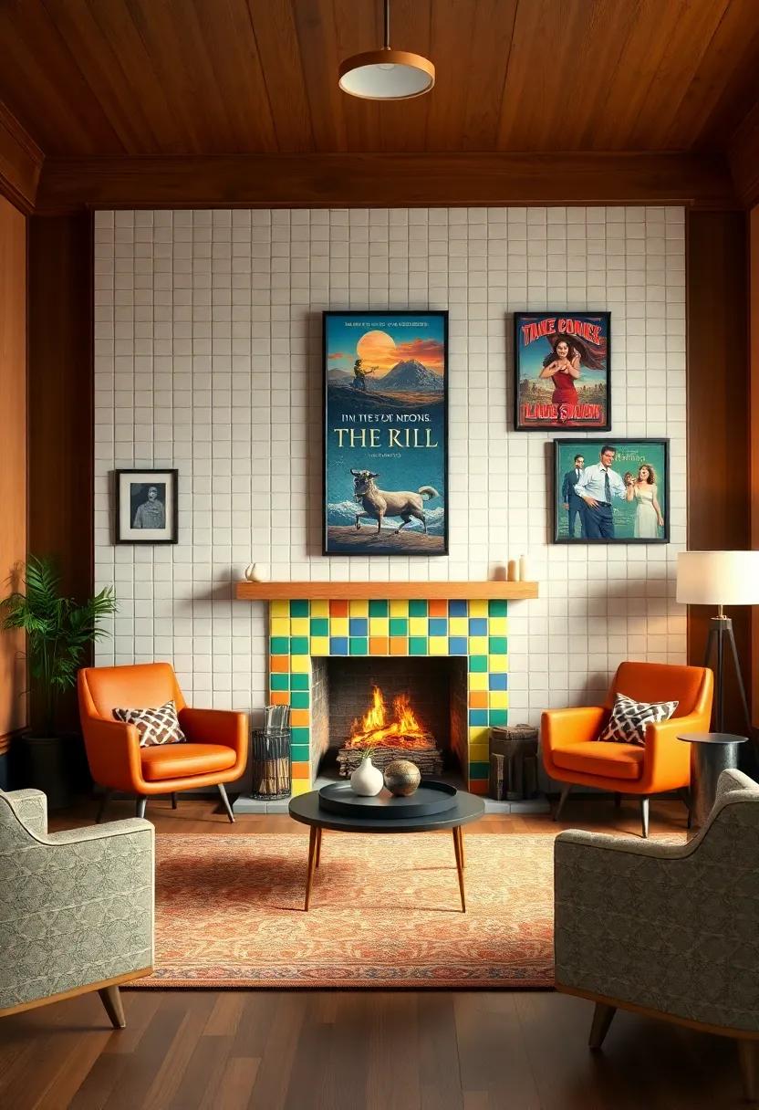 A nostalgic retro living room where a colorful tiled fireplace meets vintage movie posters, sparking conversations filled with cherished memories