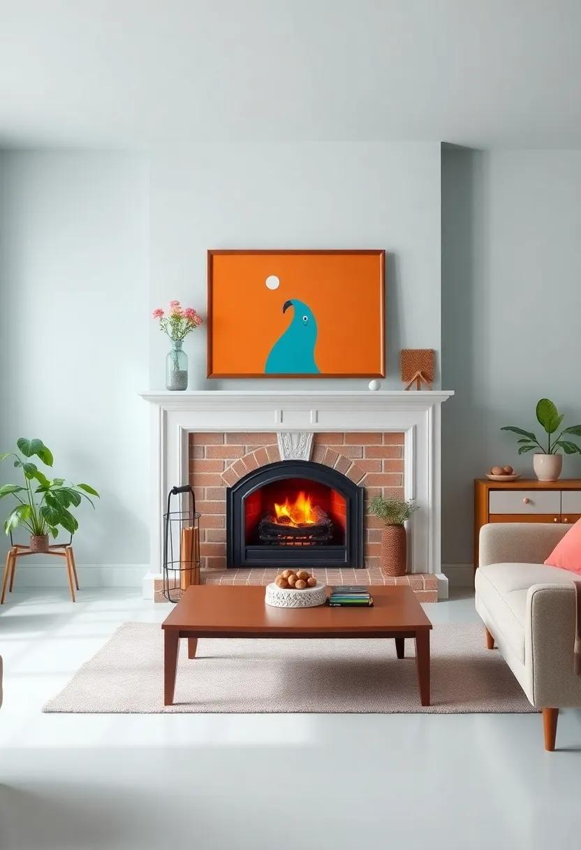 A playful, retro-themed space featuring a vintage fireplace with bright, cheerful artwork that enhances the room's lighthearted atmosphere