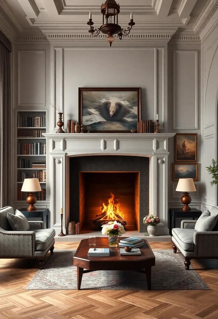 A romantic library-style living room with a grand fireplace, surrounded by classic literary artworks that evoke nostalgia and inspiration