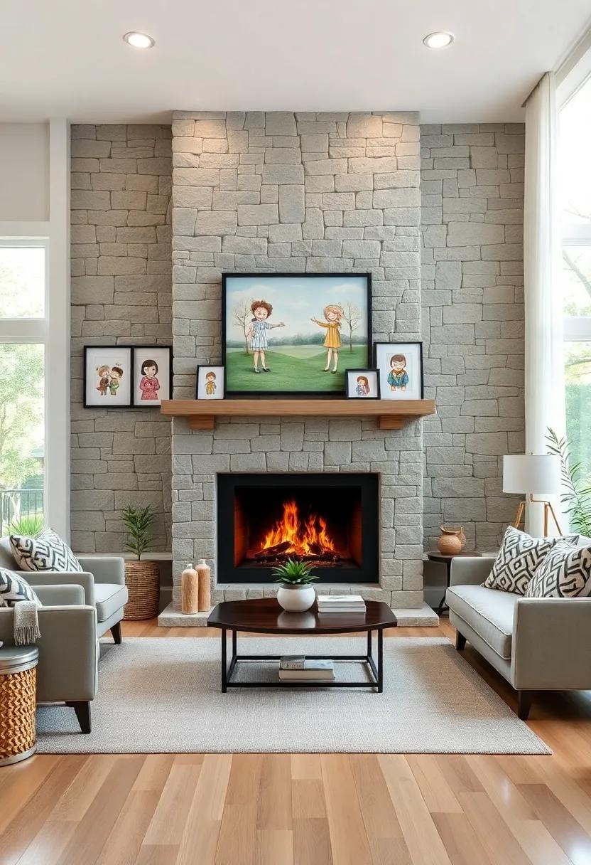 A roomy family den with a grand stone fireplace, framed by children's artwork and family portraits that celebrate love and togetherness