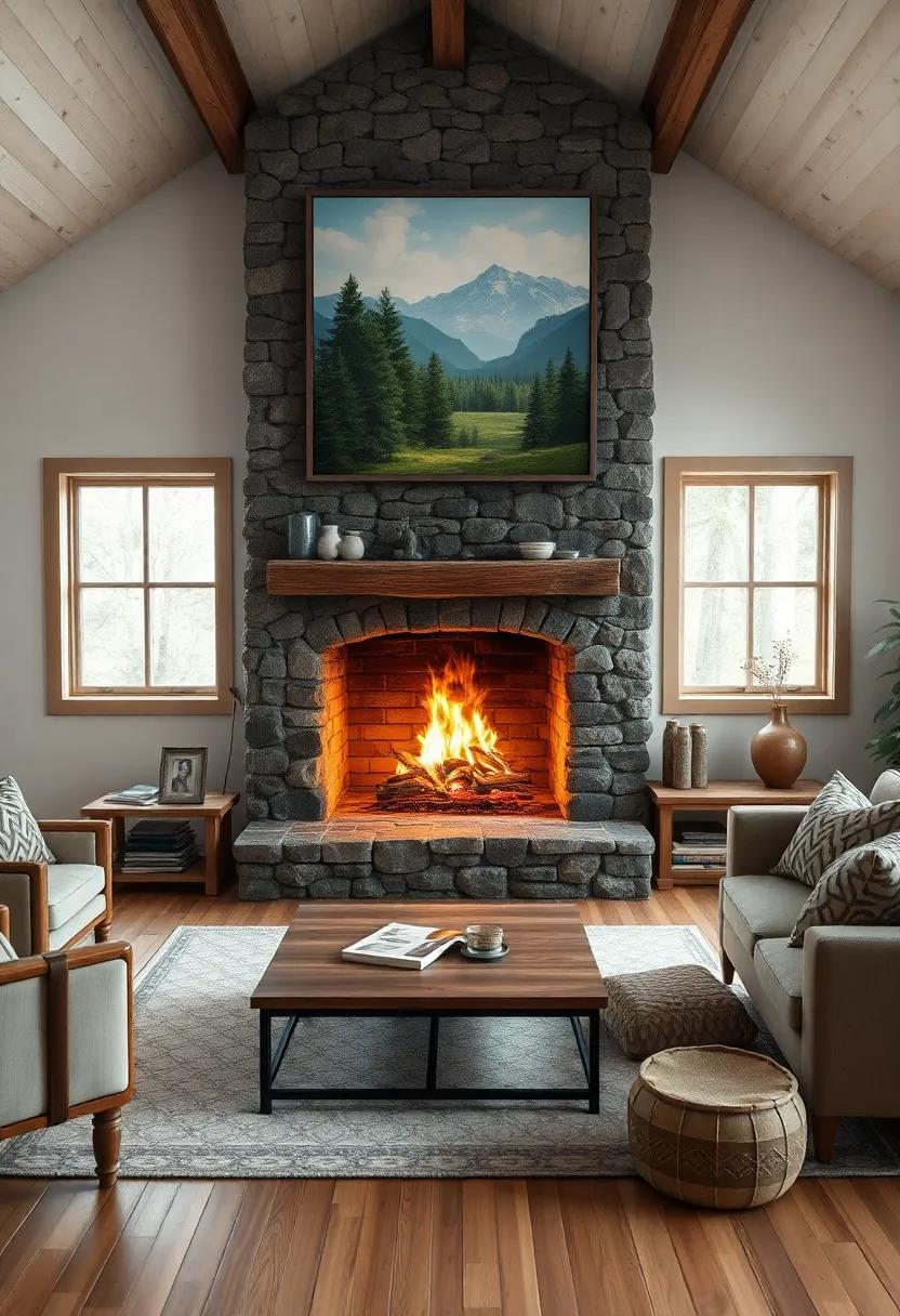 A rustic cabin setting where a crackling stone fireplace warms the room, surrounded by vintage landscapes and wooden accents that echo the beauty of nature