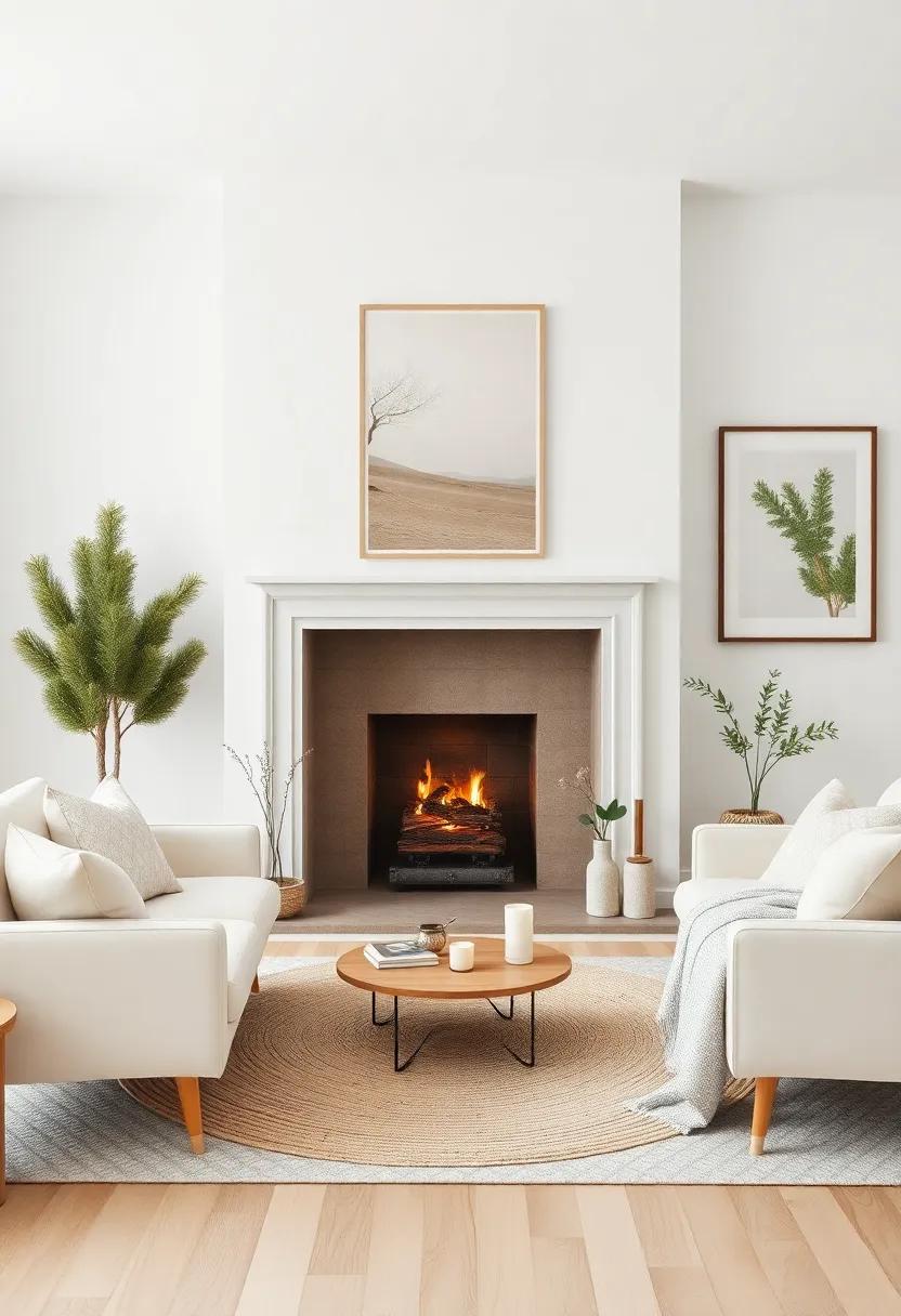 A serene Scandinavian-inspired space with a minimalist fireplace, accented by soft pastels and nature-inspired artworks that embody hygge