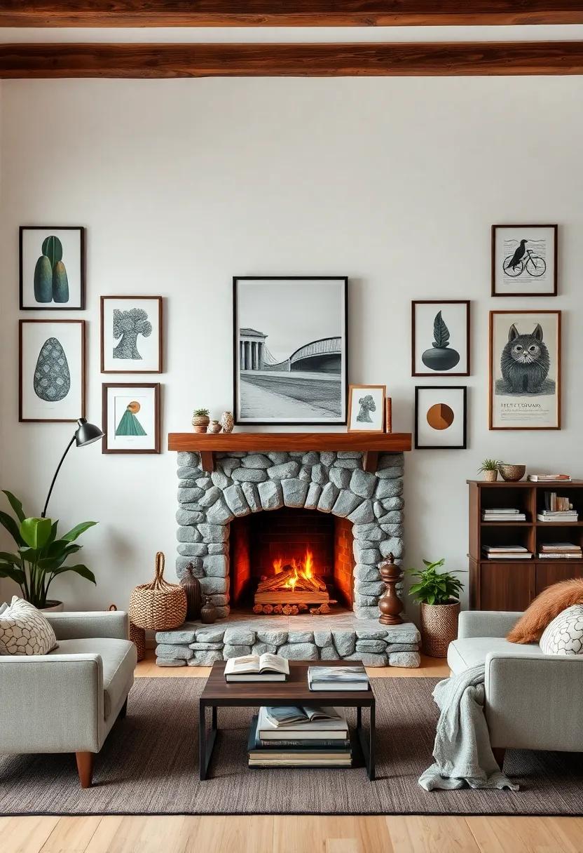 A snug reading nook centered around a stone fireplace,surrounded by a gallery wall of literary-themed art that inspires creativity and relaxation