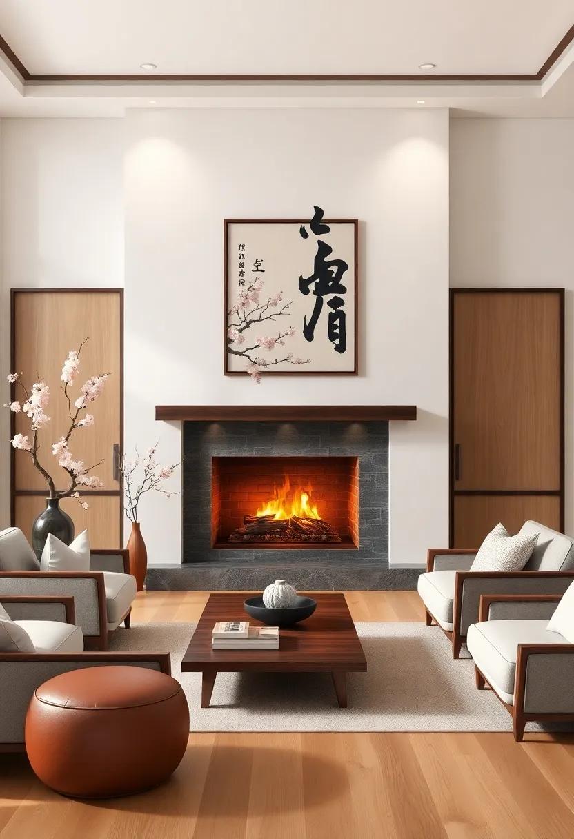 A sophisticated Asian-inspired room featuring a traditional fireplace framed with cherry blossoms, accompanied by serene calligraphy art that invites tranquility
