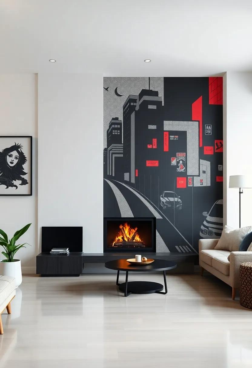 A stylish urban apartment where a modern fireplace coexists with striking mural art, offering a bold contrast that reflects city life