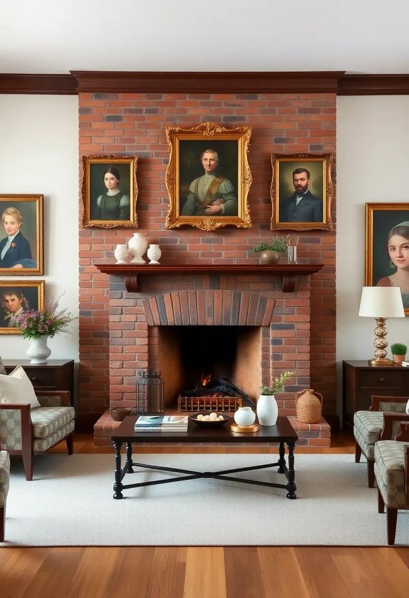 A traditional living room with a grand brick fireplace, embellished with classic portraits and intricate framing that exude timeless elegance