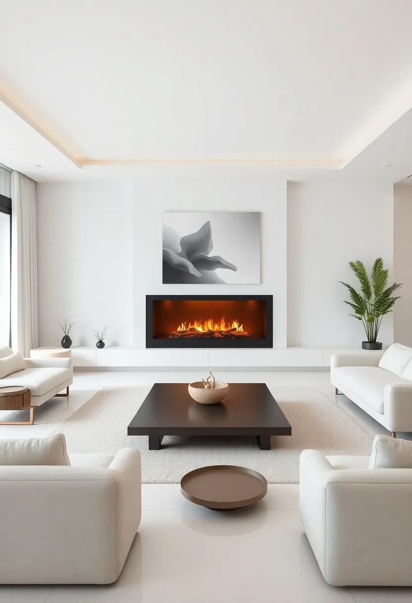A tranquil Zen-inspired living area featuring a sleek fireplace with minimalist artwork, creating a peaceful sanctuary for relaxation