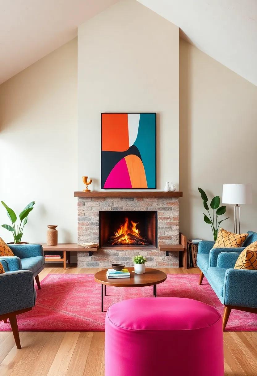 A vibrant mid-century living room with a statement fireplace and bold, geometric artwork that echoes the playful spirit of the era