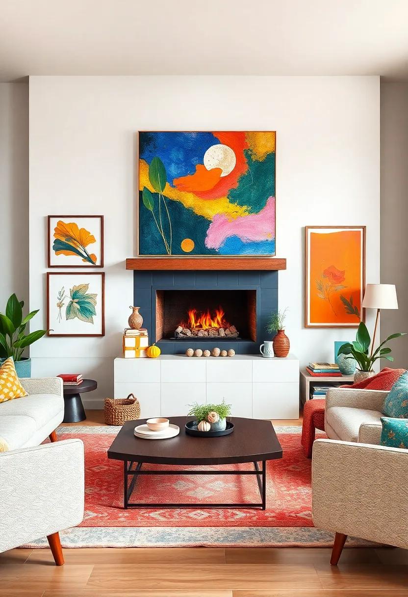 A vibrant eclectic living room blending a contemporary fireplace with varying art forms,from impressionistic paintings to handmade crafts,creating an artistic tapestry