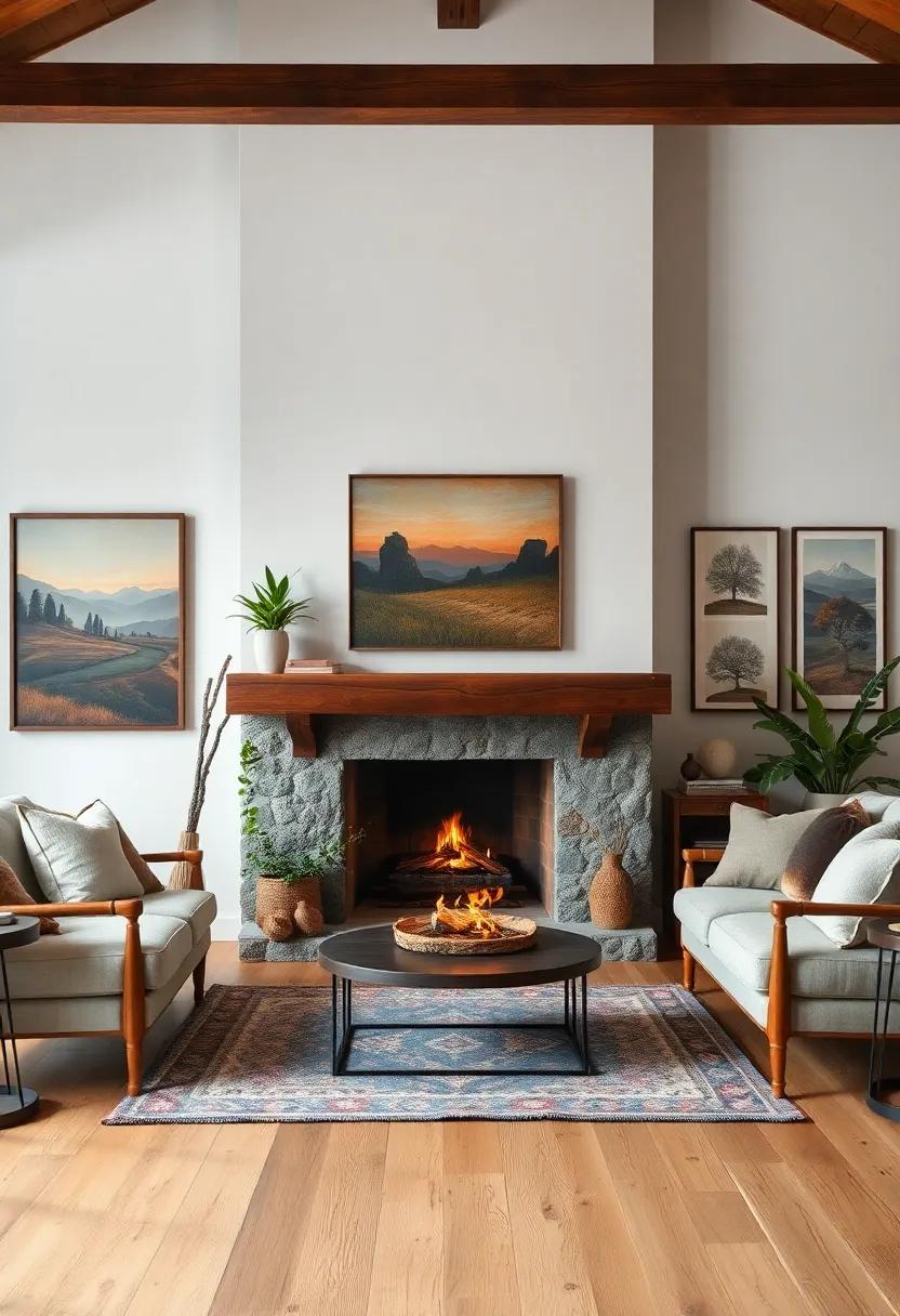 A warm and rustic farmhouse living room showcasing a handmade fireplace, enriched with local artwork that tells stories of the surrounding landscape and its culture