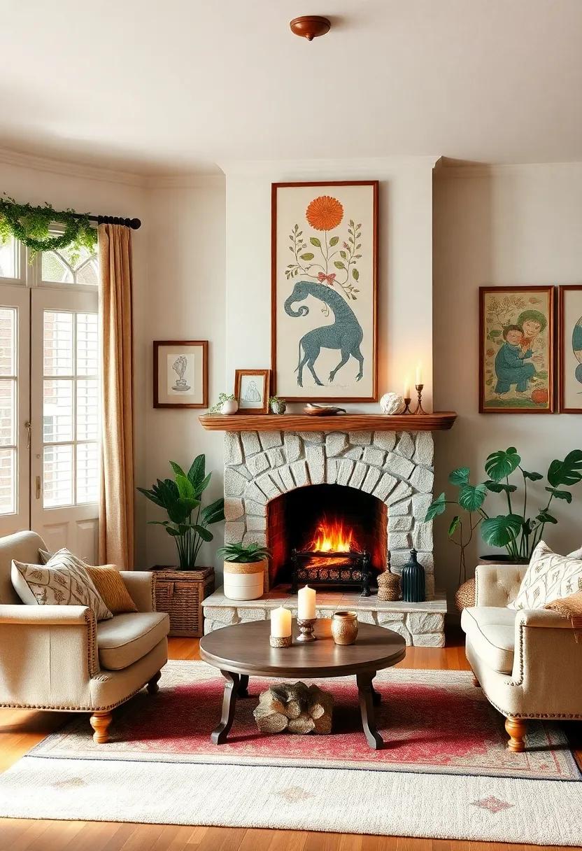 A whimsical fairy tale cottage complete with a quaint fireplace, adorned with playful illustrations and art nouveau prints that spark imagination