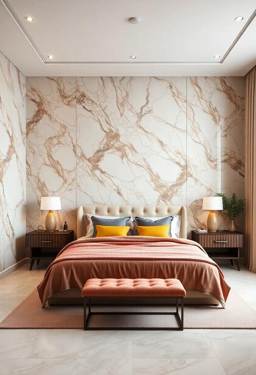Opulent Marble Patterns: Embrace the timeless elegance of marble-inspired wallpaper that adds a touch of sophistication and grandeur to your bedroom