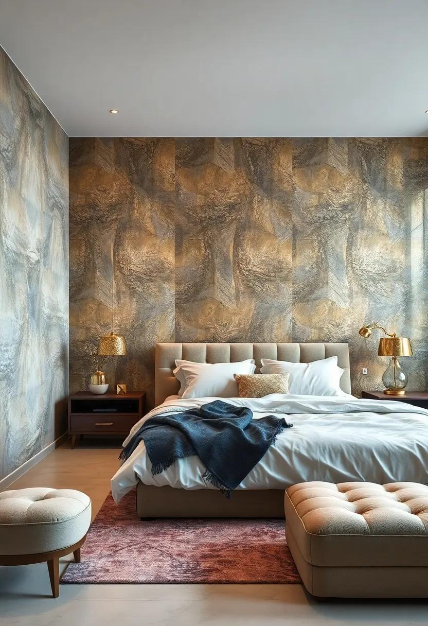 Striking Metallic Accents: Add a touch of glamour with metallic hues that catch the light and reflect luxury, perfect for a modern bedroom setting