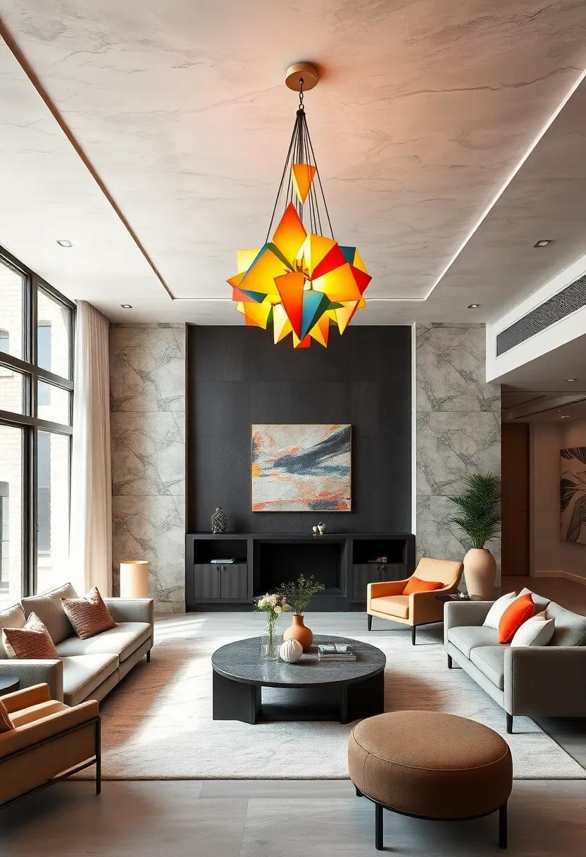 Experience​ a stunning mid-century modern space where⁣ a bold, colorful ‌chandelier featuring geometric shapes serves as ‍the vibrant focal point amid‌ muted tones