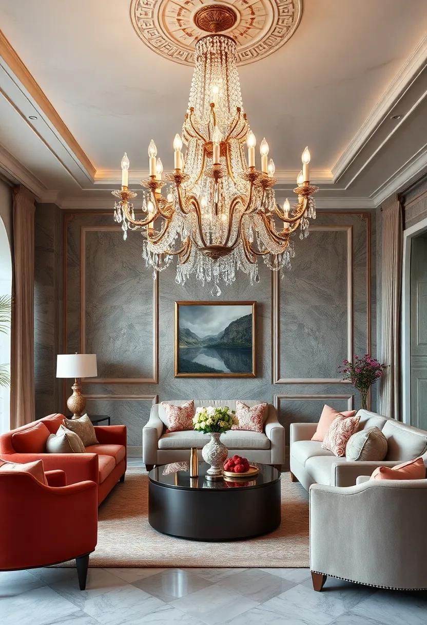 Marvel at⁣ a​ Victorian-inspired‍ living ​room where an intricate‌ crystal⁣ chandelier decorated ​with vintage jewels⁣ enhances the ⁢grandeur of plush velvet​ furnishings