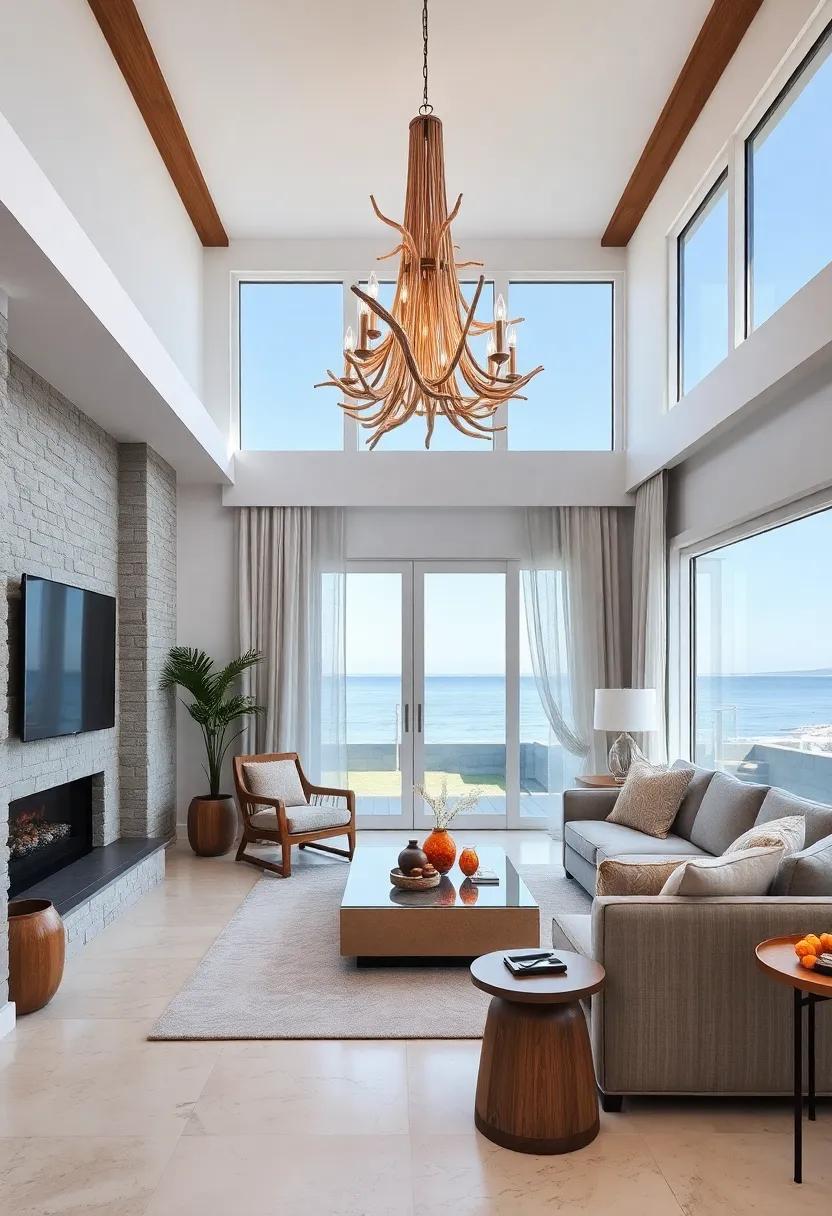 Explore a serene coastal retreat with a soft, airy feel, featuring a driftwood ‍chandelier that creates a⁤ serene atmosphere ‍while bringing a touch⁢ of the sea⁣ indoors