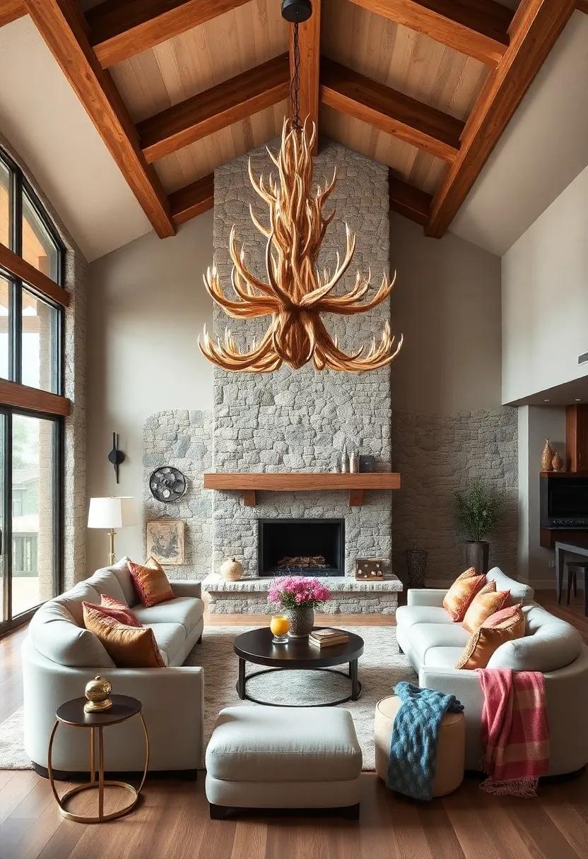 Enter a ‌cozy⁢ mountain retreat where‍ a handcrafted antler chandelier offers a ⁢unique, ‍cabin-like charm, perfectly complementing‍ the stone fireplace⁤ and wooden ⁢beams