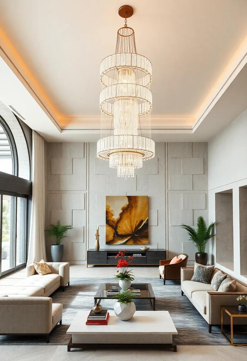 Explore an elegant art ⁢deco-inspired ‌living room,⁣ highlighted ⁢by a bold, multi-tiered chandelier adorned with geometric patterns that⁣ echo the era's ⁣glamour