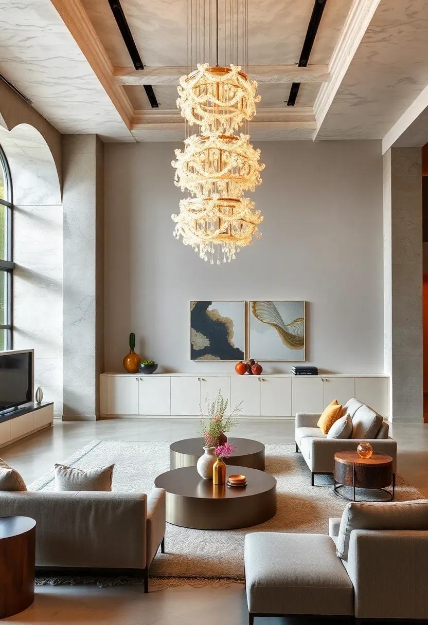 Enter⁢ an​ avant-garde ⁢gallery space featuring an artistic​ chandelier crafted from recycled material, merging sustainability with stunning style