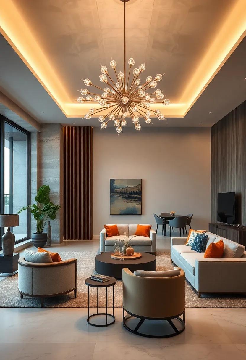 Discover a sophisticated office ‍lounge where a⁢ dramatic Sputnik chandelier plays off contemporary furniture, blending ⁤style with ⁣function⁣ in‍ a striking way