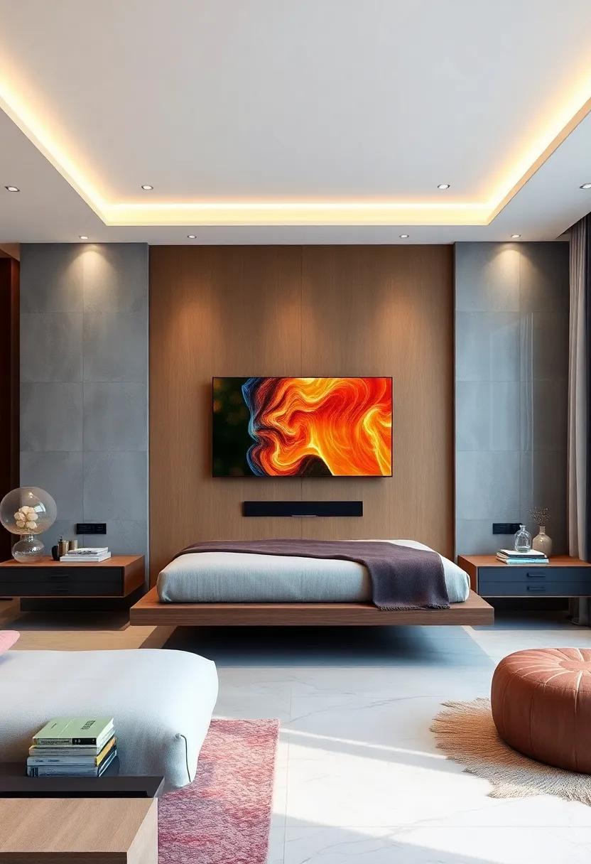 Floating TV Stands: Consider a sleek, wall-mounted entertainment unit that keeps your technology seamlessly integrated into your bedroom design