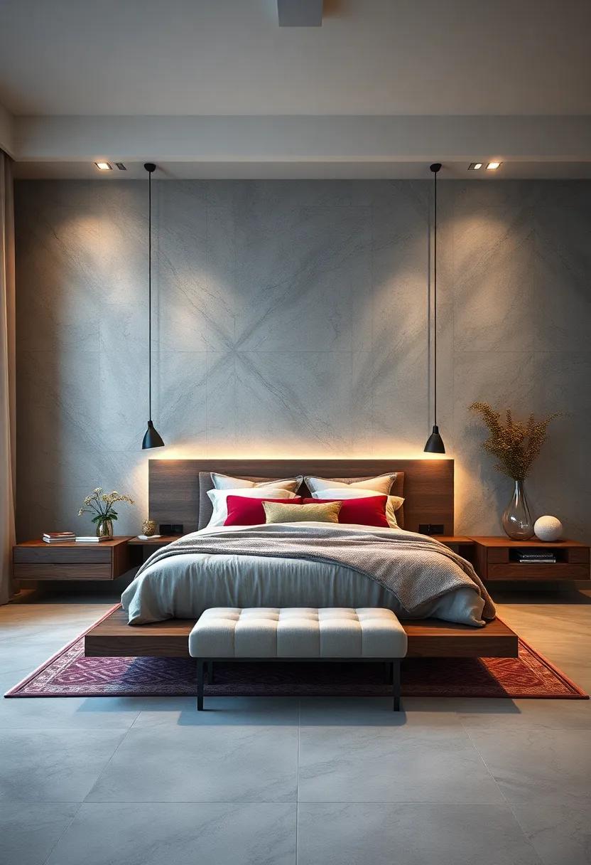 Layered Textures: Mix floating furniture materials—think wood with metal or glass—to add richness and depth to your master bedroom