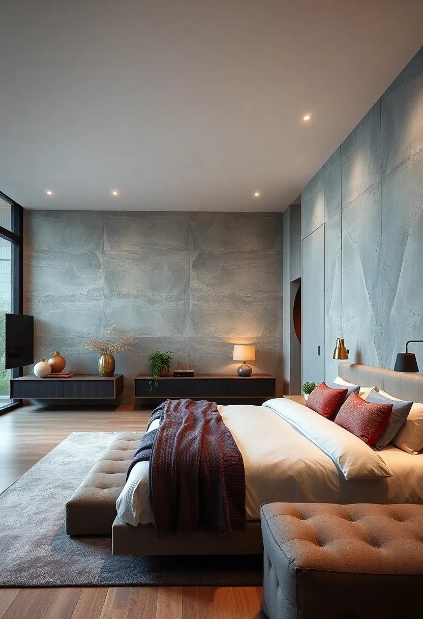 Textured walls: Combine floating furniture with textured wall treatments to create depth and visual interest in your master bedroom