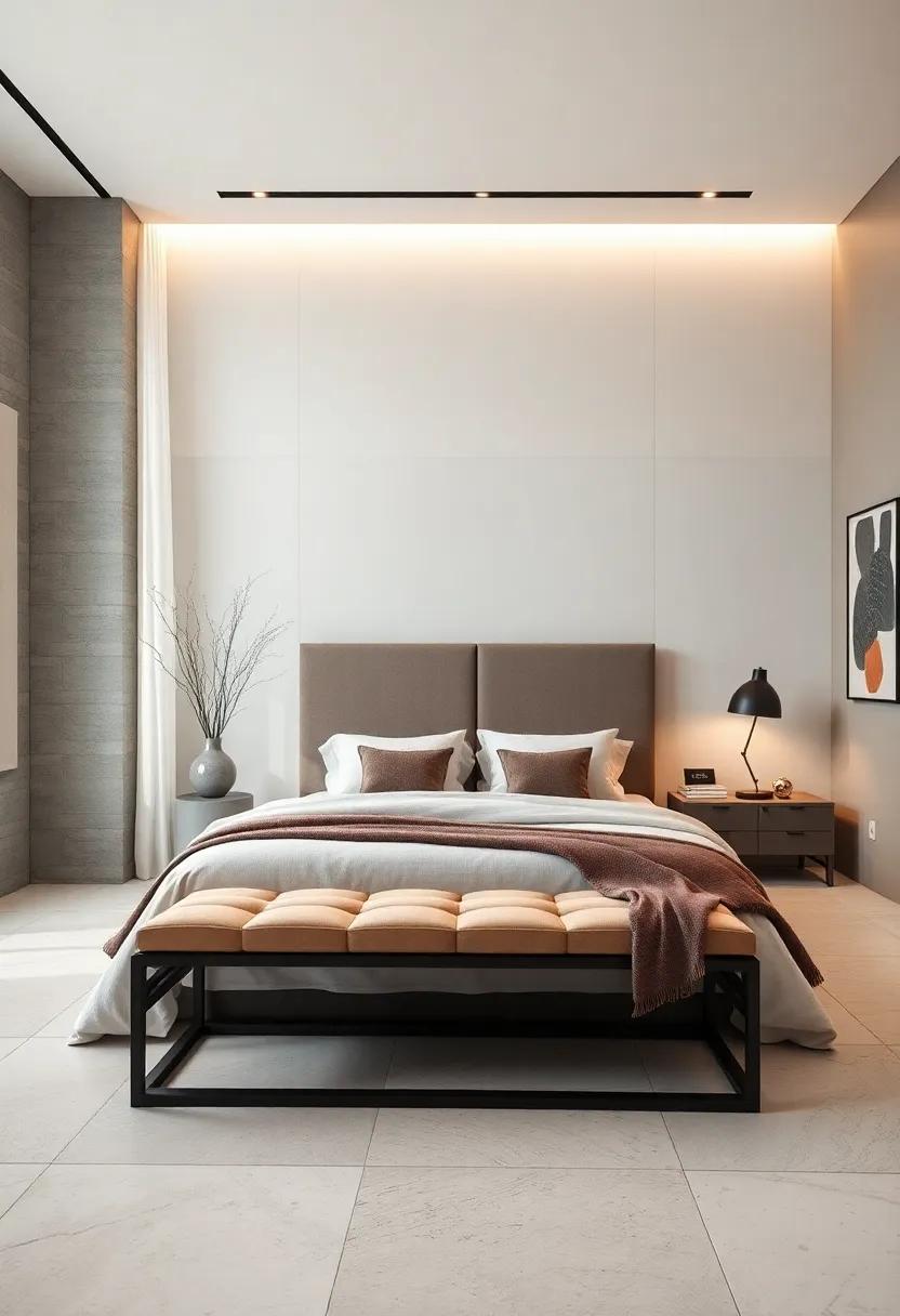 Finish the look with a low-profile⁤ bench at the ​foot⁤ of ⁤the bed, featuring clean⁢ lines and a geometric shape to tie the room together