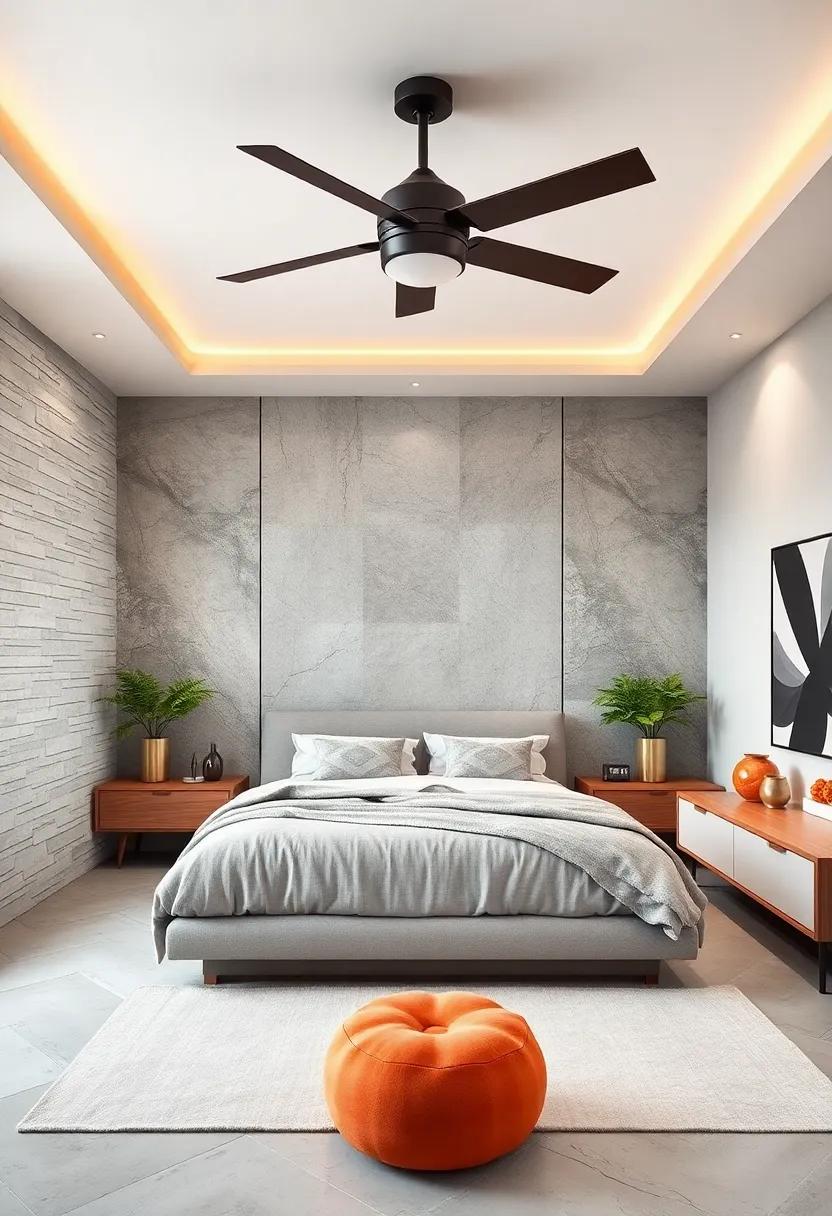 Opt for a ceiling fan with a geometric base‍ and blades, combining functionality‍ with a design that enhances the room's modern feel