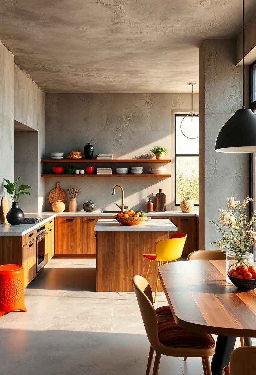 Colorful Accents Against Concrete Backdrops for a Vibrant Kitchen